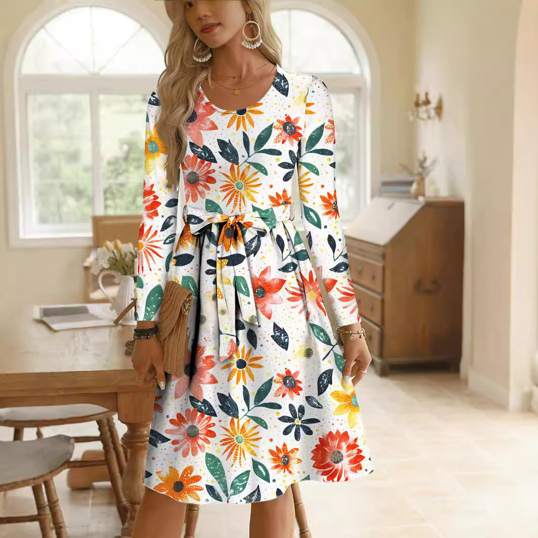 Round Neck Long Sleeve Midi Waist Trimming Printing Dress