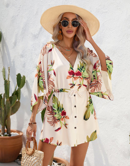 Women's Summer Leaf Print Half-length Sleeve Dress