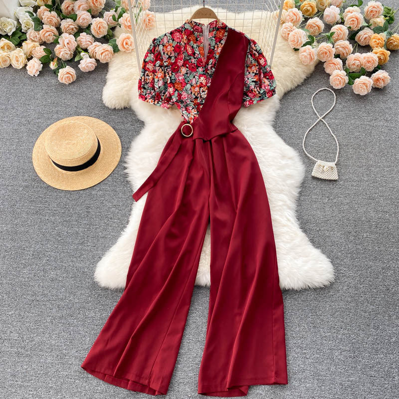 Fake Two Pieces Of Western Style V-neck High Waist Slimming Drape Wide-leg Jumpsuit Women