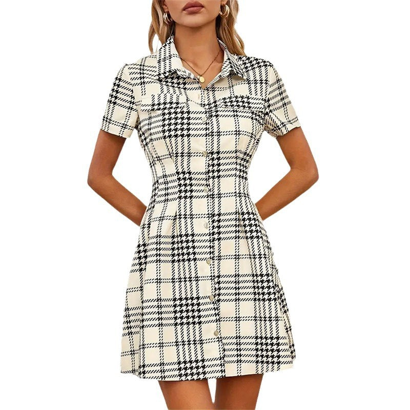 Fashionable Waist-trimming Houndstooth Short Women's Dress