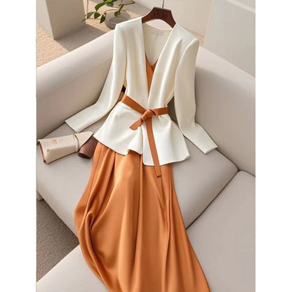Two-piece Suit For Formal Occasions Elegant White Orange Suspender Skirt