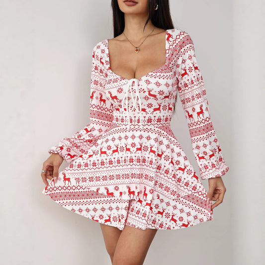 New Christmas Elk Printing Drawstring Backless Long Sleeves Dress
