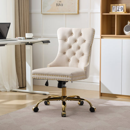 A&A Furniture Office Chair,Modern Velvet Upholstered Tufted Button Home Office Chair With Golden Metal Base,Adjustable Desk Chair Swivel Office Chair Beige