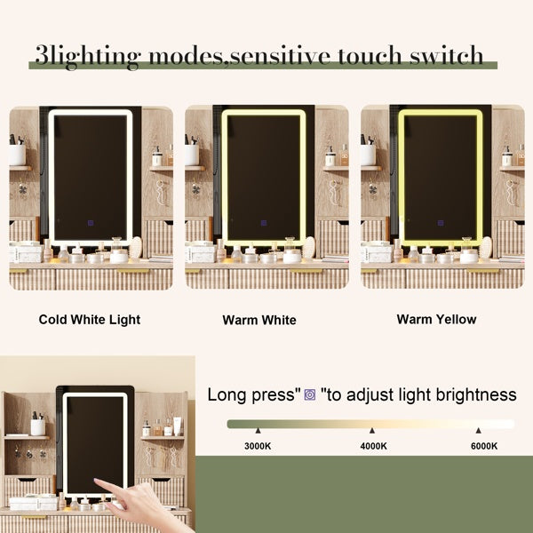 7-Drawer Vanity Desk With LED Mirror & Carved Details, Fluted Makeup Table With Metal Legs And PU Stool, Carved Dressing Table With Jewelry Storage For Bedroom