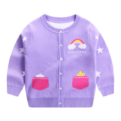 Autumn And Winter Girls Knitted Cardigan Pony Fake Pocket Cotton Double Layer Warm Sweater