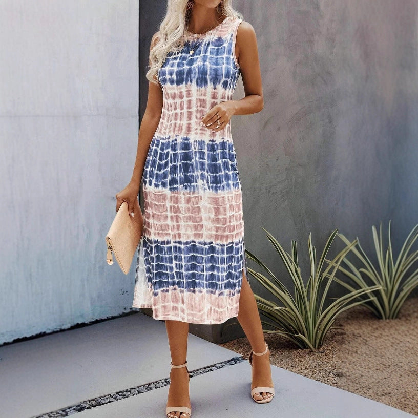 European And American Tie-dye Printed Slit Hemline At Hem Sleeveless Dress