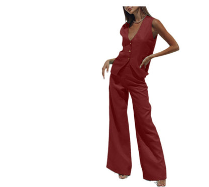 Fashion Casual Women's Cotton And Linen Trousers Suit Two-piece Set