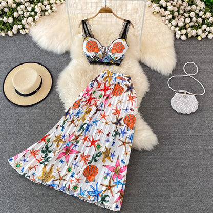 Women's Fashionable Elegant Lace Splicing Sling Top Two-piece Set