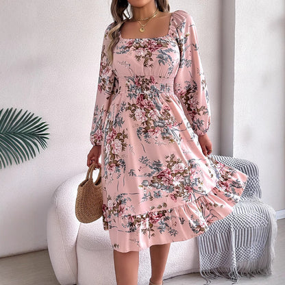 Elegant Flowers Square Collar Long Sleeve Waist Trimming Ruffles A- Line Skirt