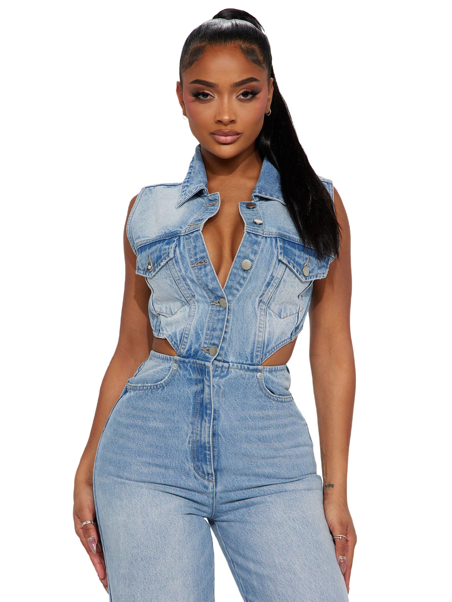 Slim Elastic Wash Denim Jumpsuit Straight Loose Jumpsuit