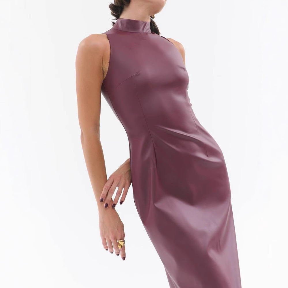 Sleeveless Stand Collar Temperament Split Slim-fit Solid Color Dress