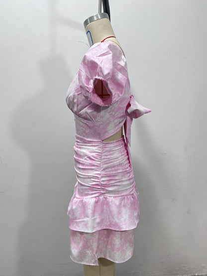 Summer Short Skirt Casual Puff Sleeve Floral