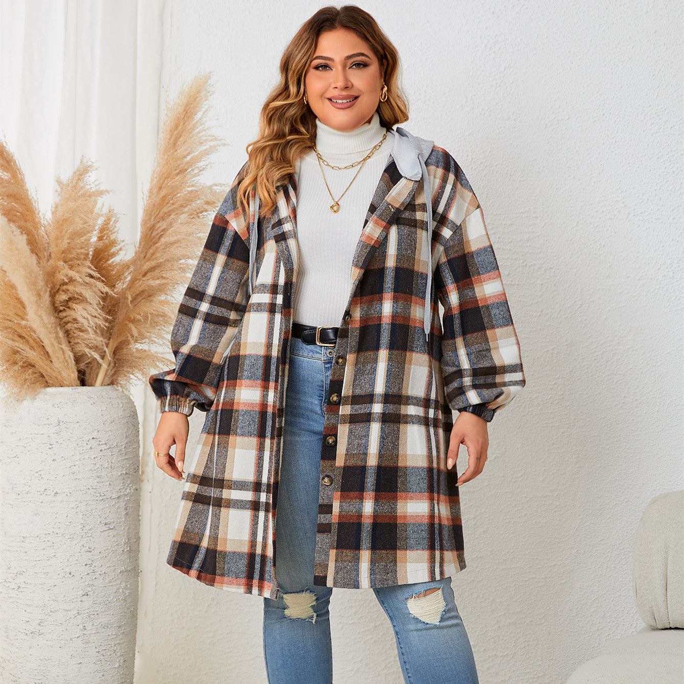 Autumn And Winter New Women's Clothing Plus-sized Plaid Hooded Mid-length Coat