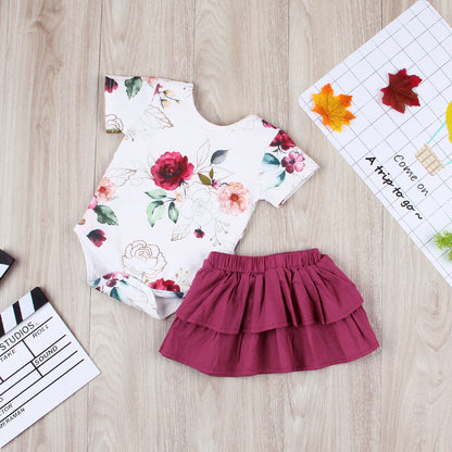 Girls Flying Sleeve Print Short Sleeve Suit