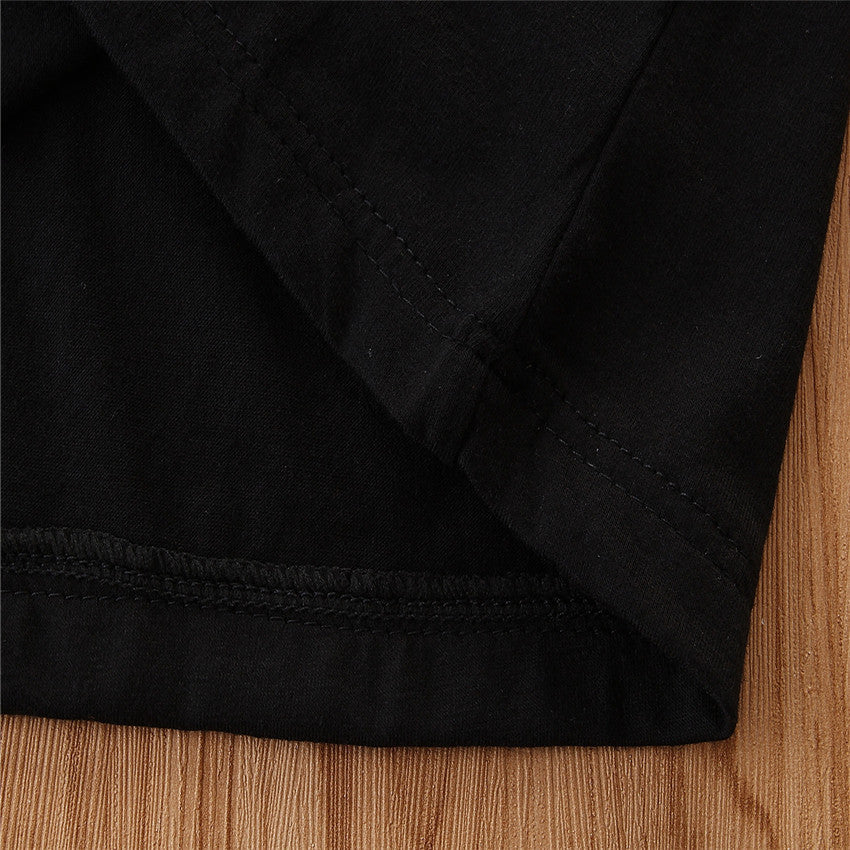Girls' Short-sleeved Suit Puff Sleeve Black T-shirt Denim Suspender Skirt Fashionable