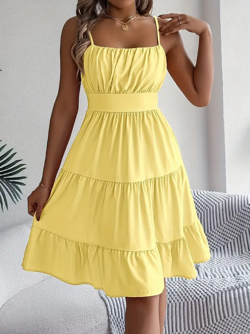 Sleeveless Sling Square Collar Smocking Layered Pleated Dress