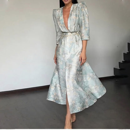 Women's Polyester Deep V-neck Slim-fit Printed Dress