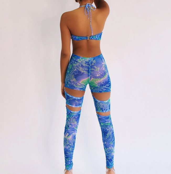 Summer Fashion Sexy Halter Neck Buckle Cutout Strap Hollow Jumpsuit