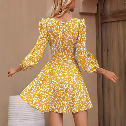 New Floral Tie-waist Puff-sleeve High-waist Flared Dress