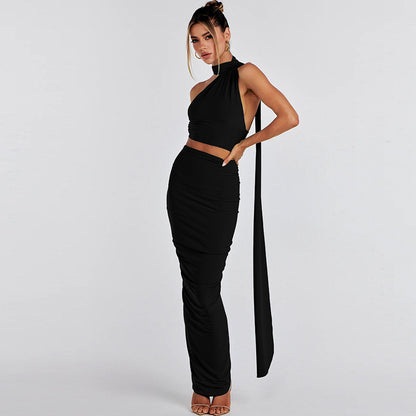Fashion Backless Tube Top Slim Fit Pleated Skirt