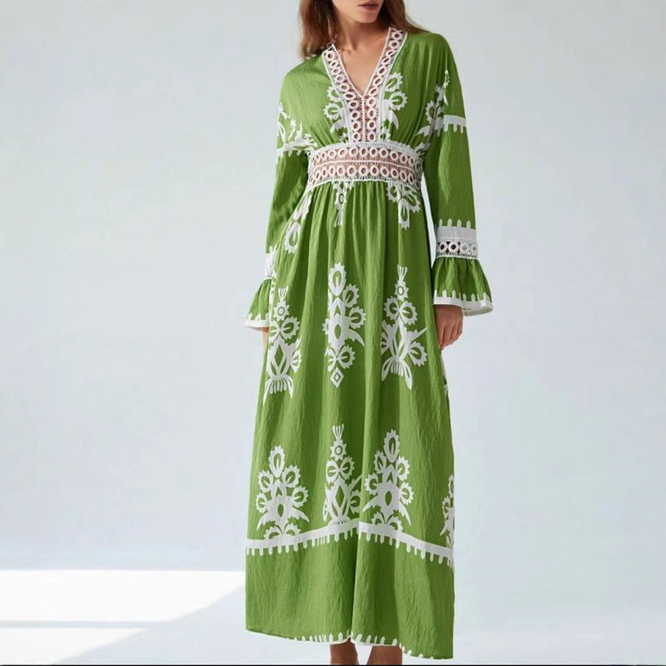 Fall V-neck Stitching Lace Women's Long-sleeved Dress