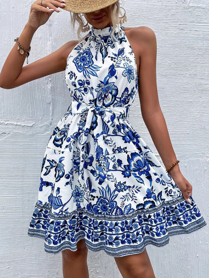 Fashion Floral Halter Waist Ladies Dress