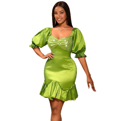 Sequin Stitching Ruffled Banquet Sheath Evening Dress