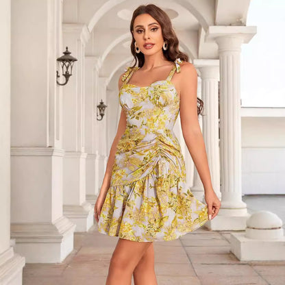 Sexy Sweet Spaghetti-strap Ruffled Printed Dress