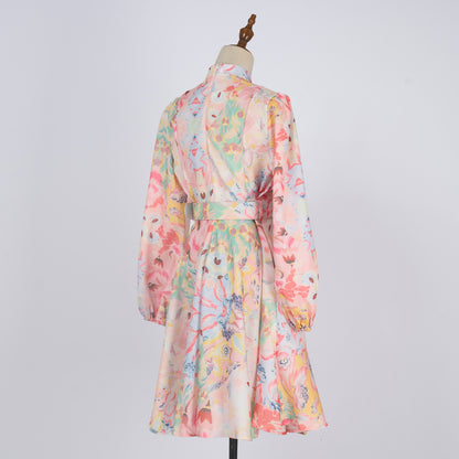 Single-breasted Stand-up Collar Puff Sleeve Waist With Belt Jumpsuit Skirt