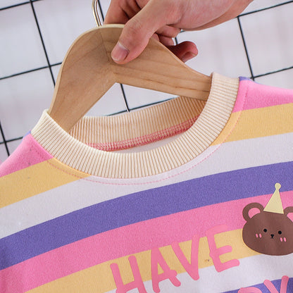 Baby Color Stripes Cartoon Bear Long Sleeve Two-piece Set