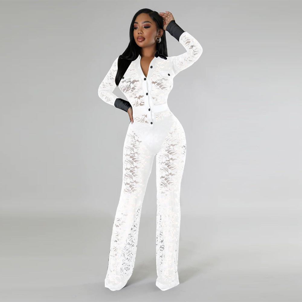 Women's Clothing Lace Contrast-color Stitching Jumpsuit