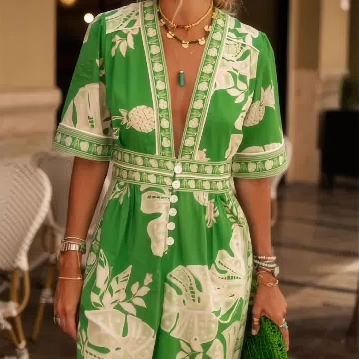 New Fashion Women's Clothing Printed Jumpsuit V-neck