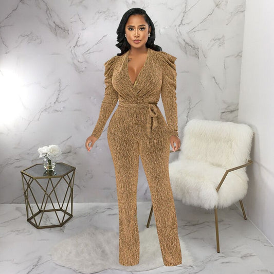 Sexy Waist Trimming V-neck Puff Sleeve Glossy Knitted Jumpsuit