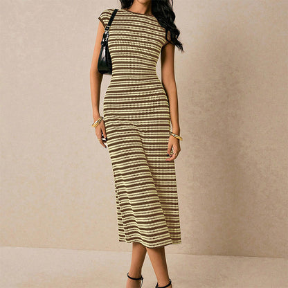 Striped Knitted Dress Slim Fit Slimming Elegance Sleeveless
