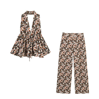 Printed Hanging Collar Top Loose Trousers Two-piece Suit