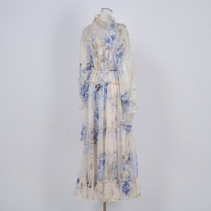 Niche Lilac Purple Lace-up Waist-controlled Long Sleeves Elegant Silk Crepe Dress