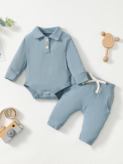 Baby Boy Cotton Hollow Striped Polo Shirt Trousers Suit
