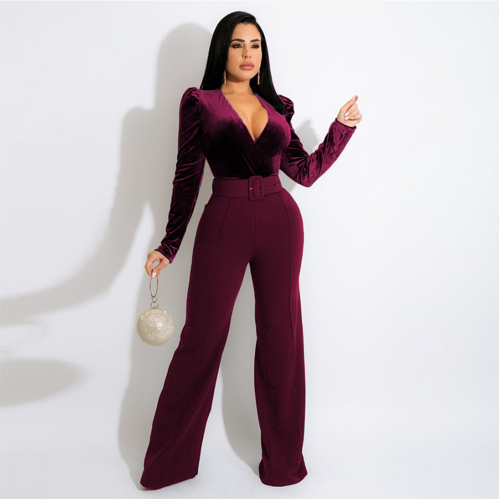 V-neck Solid Color Lace-up Fashion Women's Jumpsuit