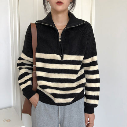 Women's Zipper Striped Sweater Japanese Soft Glutinous Idle Style