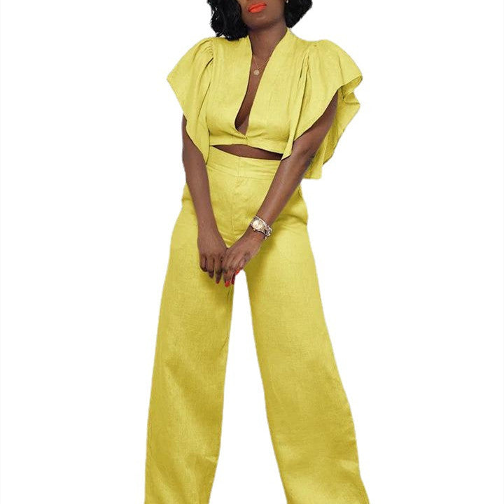 Women's Temperament Casual V-neck Linen Sleeve Pants Set