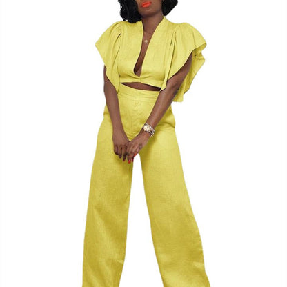 Women's Temperament Casual V-neck Linen Sleeve Pants Set