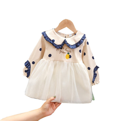 Girls' New Mesh Cotton Long Sleeved Dress