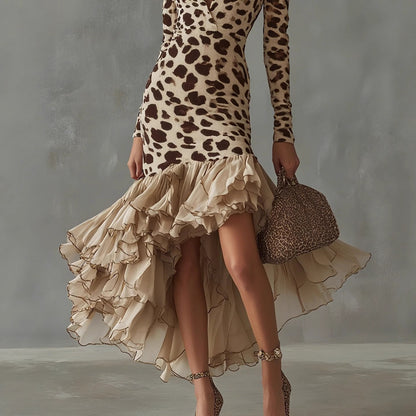 Women's V-neck Digital Print Stone Texture Spliced Mesh Dress