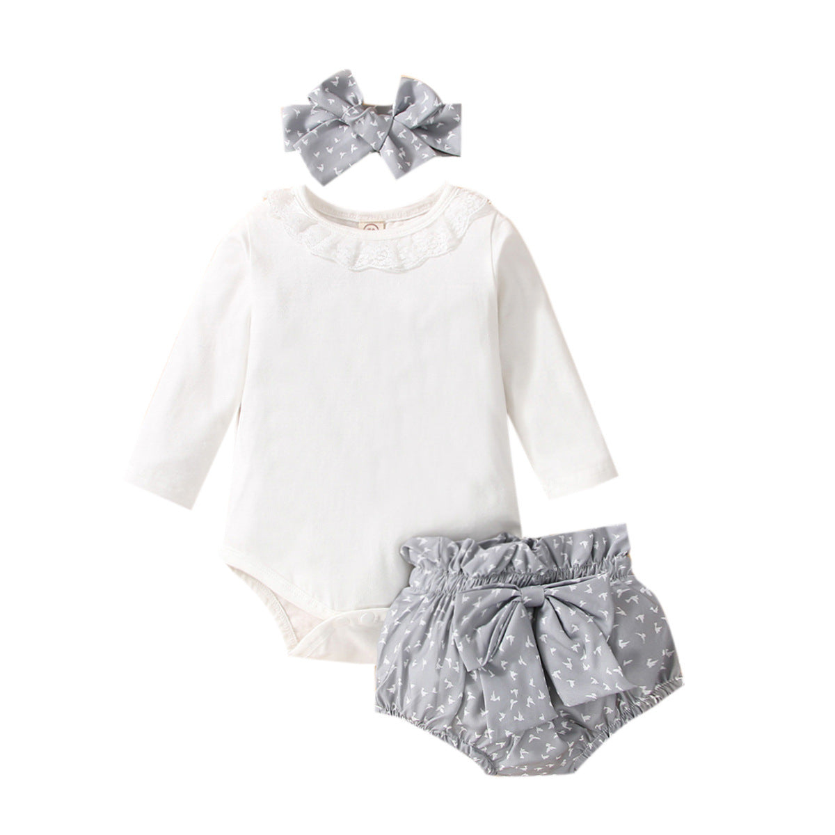 Lace Collar Long Sleeve Rombo Bow Shorts Three Piece Set