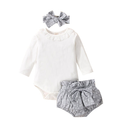 Lace Collar Long Sleeve Rombo Bow Shorts Three Piece Set