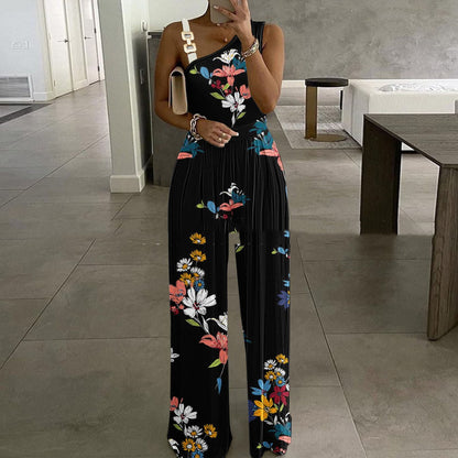 Women's Metal Buckle Vest Top High Waist Wide Leg Jumpsuit