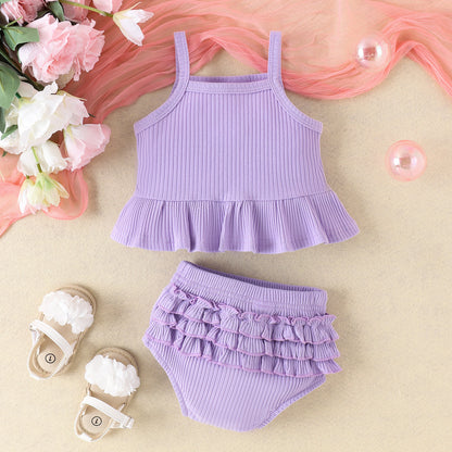 Girls' Fashion Solid Color Suspender Top Triangle Bottom-covering Shorts Two-piece Set