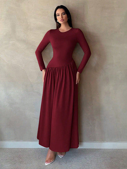 Base Pleated Solid Color Long Dress