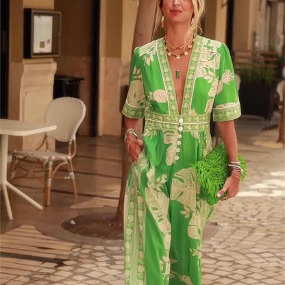 New Fashion Women's Clothing Printed Jumpsuit V-neck