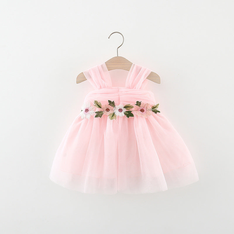 Girl's Mesh Strap Dress Waist Flower Princess Beautiful Dress